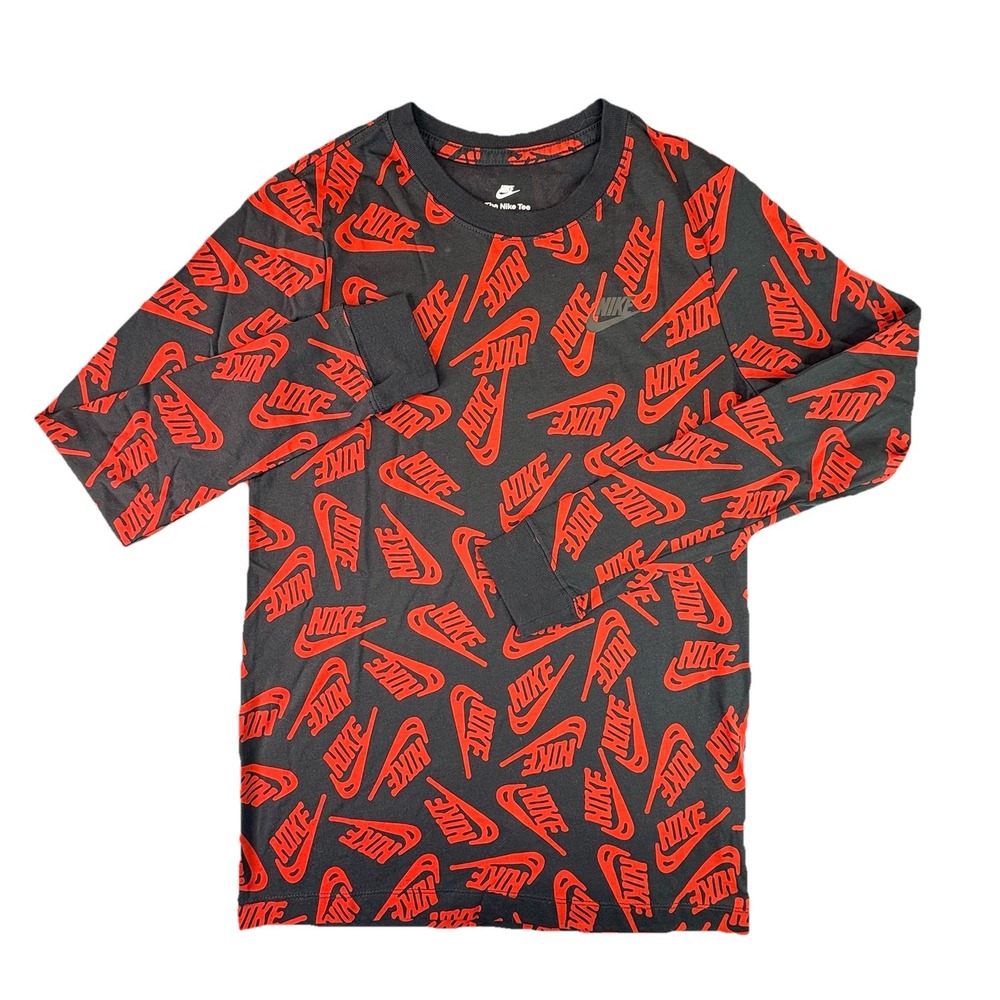 The NIKE Tee Long Sleeve Shirt Kids Large (L) Logo Black & Red Swoosh